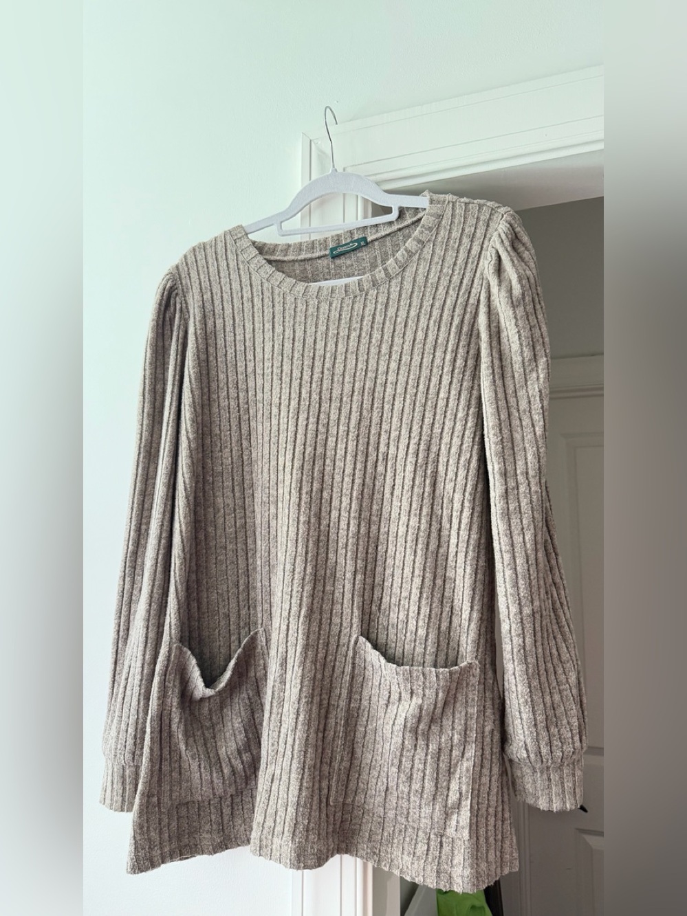 Cozy Ribbed Pocket Sweater Tunic - Light Olive XL